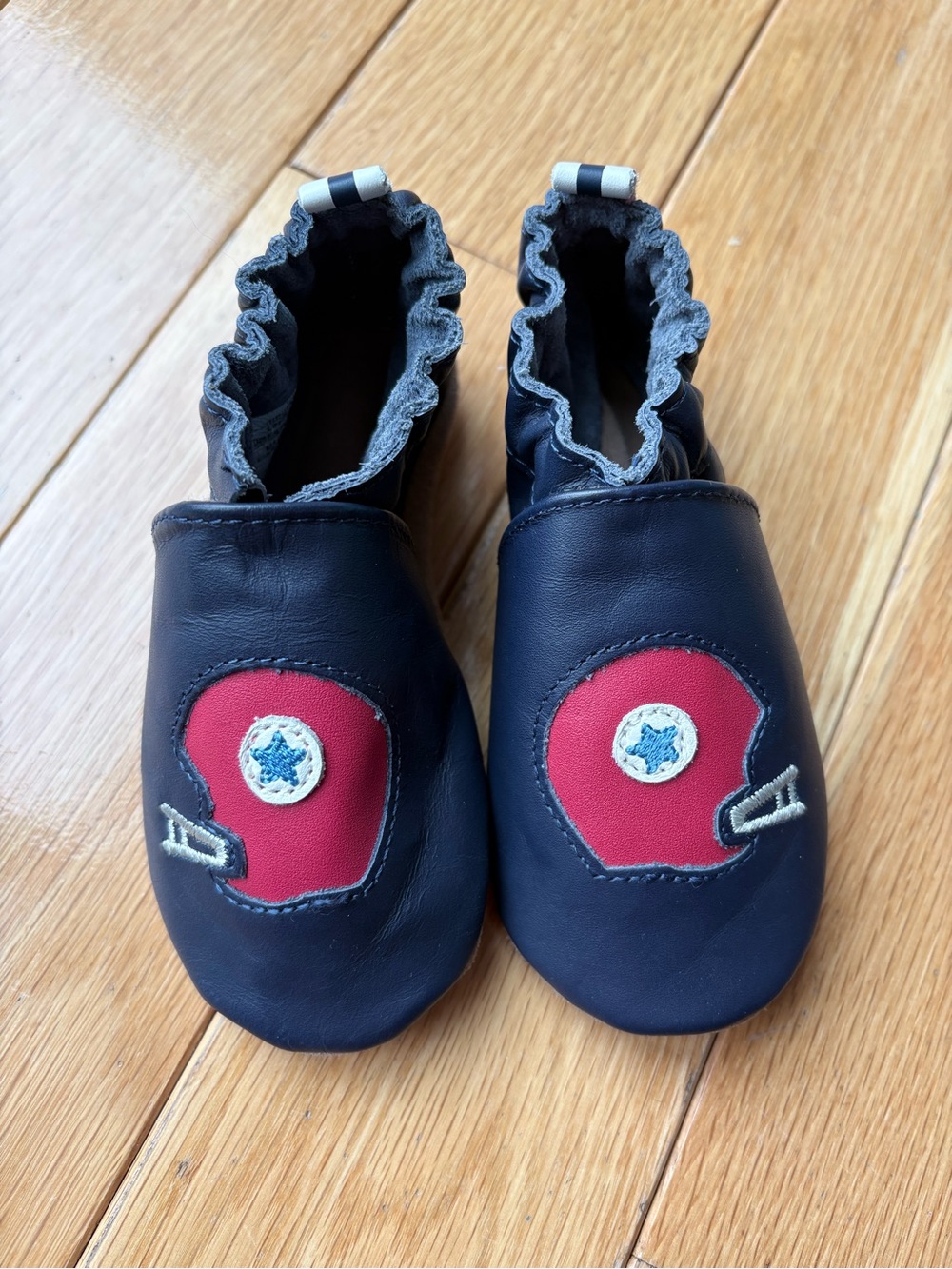 Robeez Navy Leather Baby Slip-On Shoes with Football Helmets - Picture 2 of 7